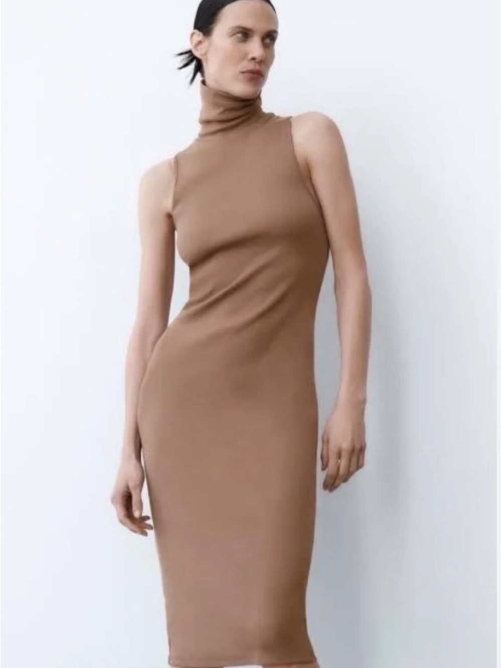 Zara Sleeveless Turtleneck Midi Dress in Camel Brown